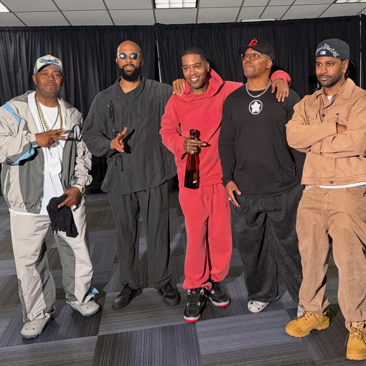 Twista, Common, Kid Cudi, Lupe Fiasco, Big Sean, and Ye backstage at Chicago Night
<div data-super-app-promo=