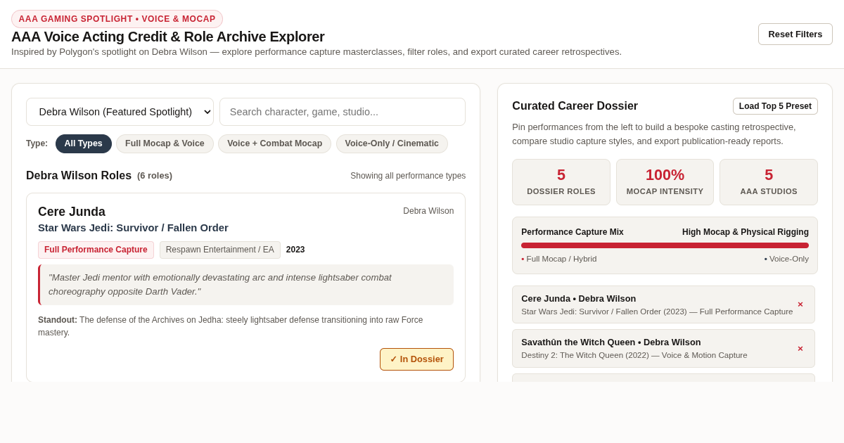 AAA Voice Acting Credit & Role Archive Explorer preview