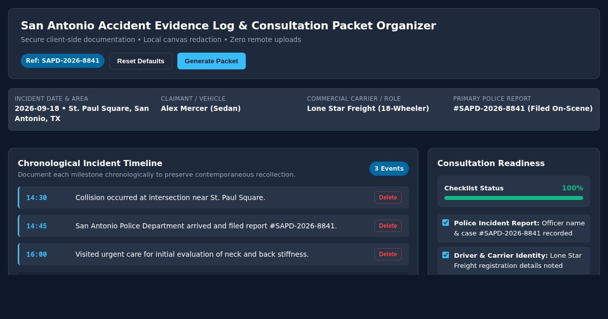 San Antonio Accident Evidence Log & Consultation Packet Organizer preview