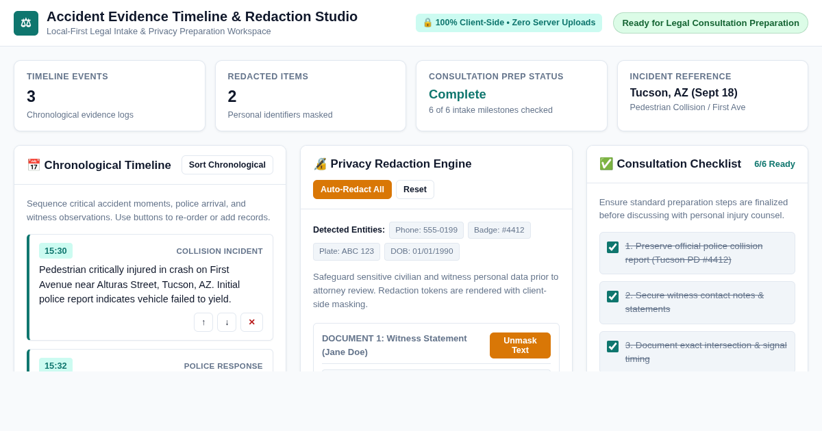 Accident Evidence Timeline & Redaction Studio preview
