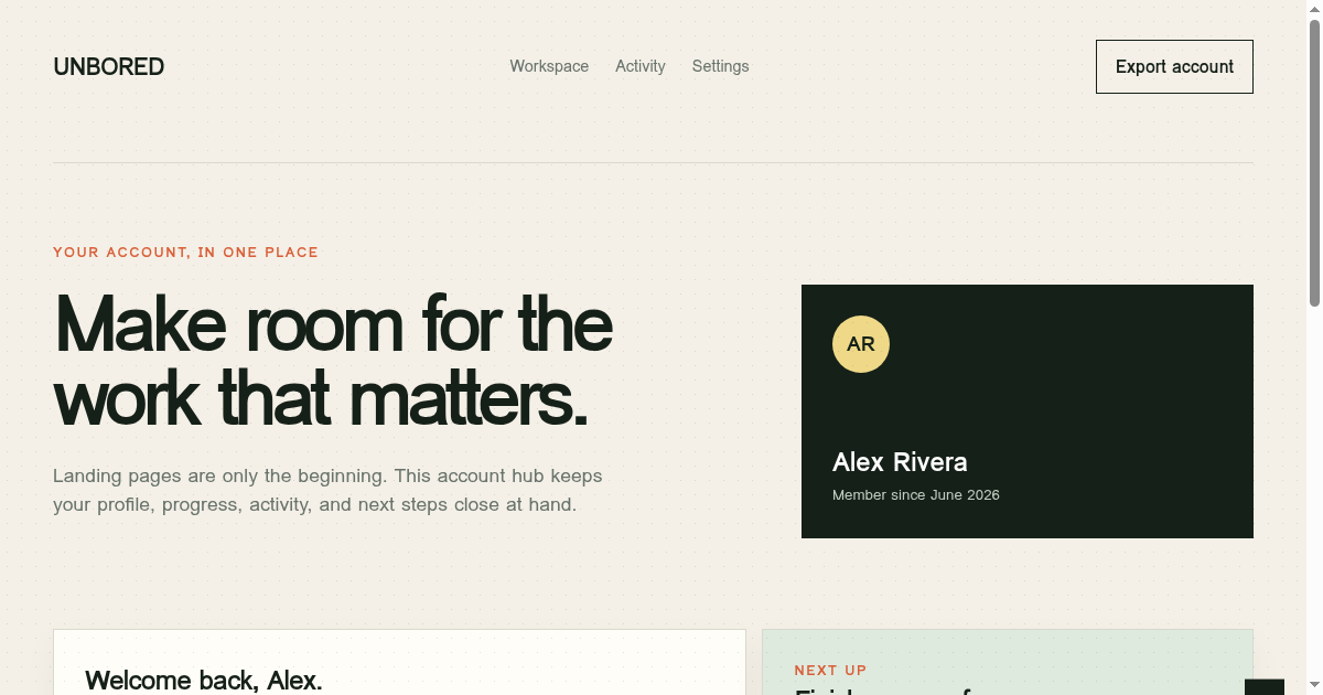 Unbored account hub preview