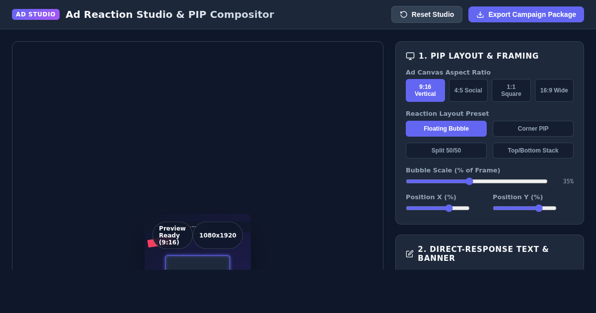 Ad Reaction Video Studio & PIP Layout Compositor preview