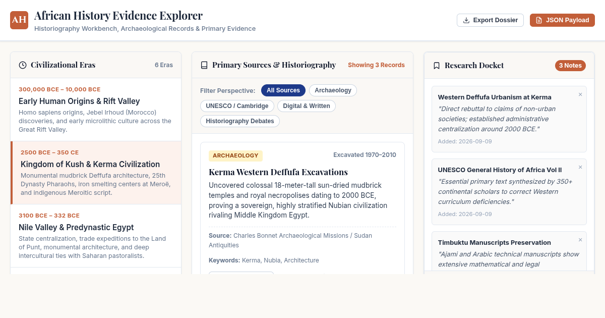 African History Evidence Explorer & Historiography Workbench preview