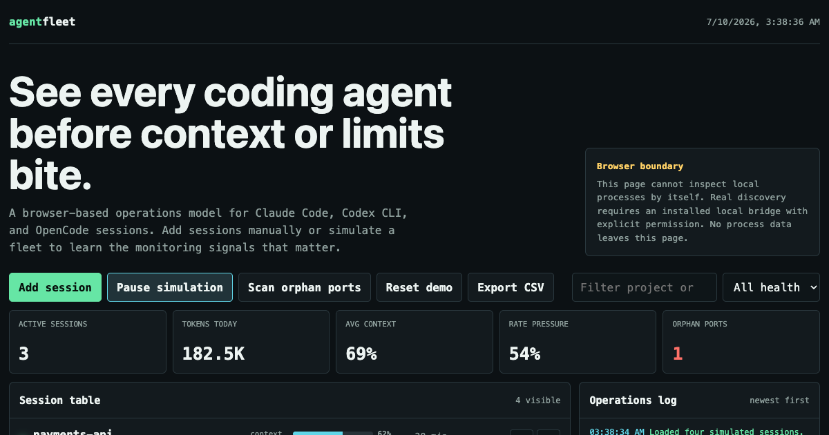 Agent Fleet Monitor - AI Coding Session Dashboard preview