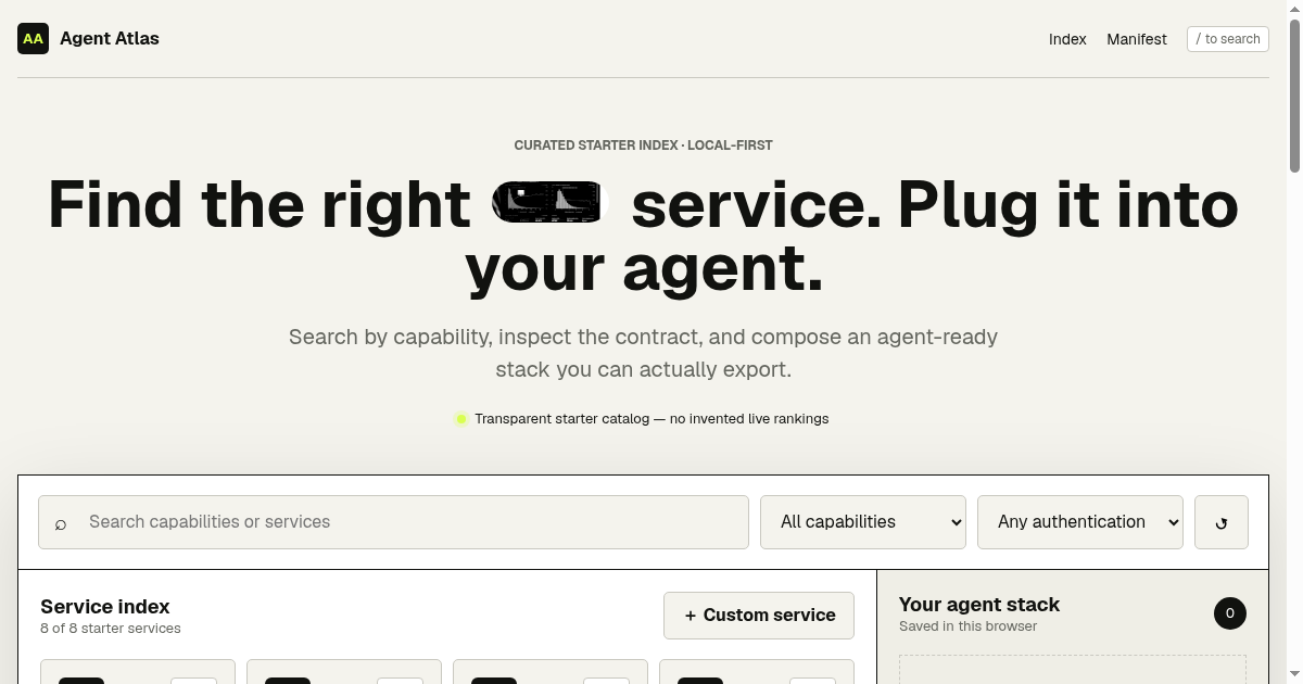 Agent Atlas — Find services. Build your stack. preview