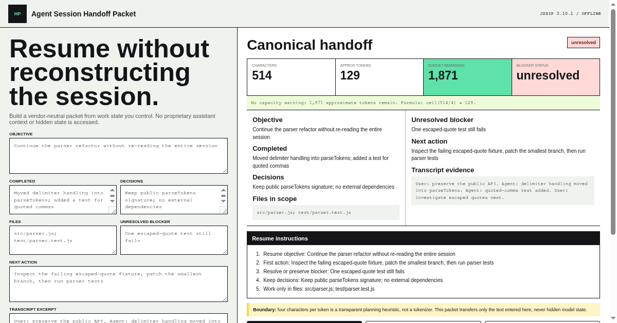 Agent Session Handoff Packet preview