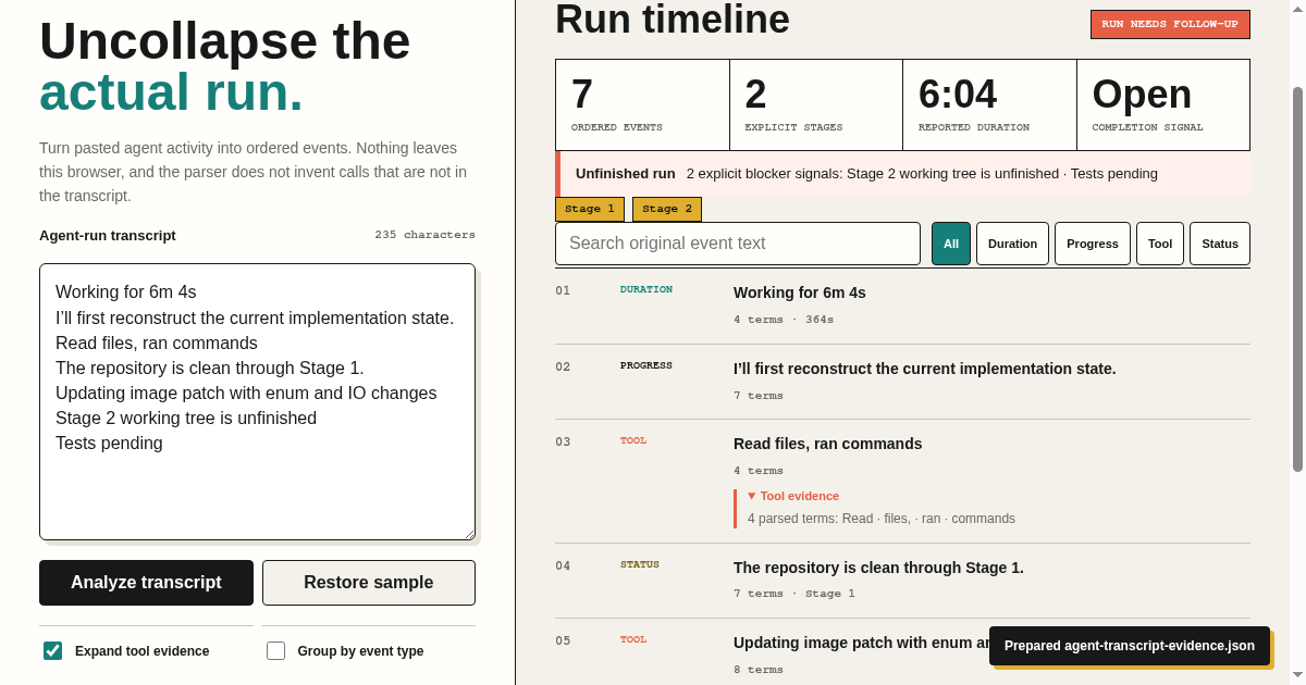 Agent Transcript Timeline preview