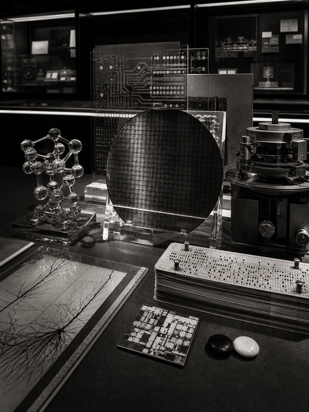 Museum display of a silicon wafer, circuit artifacts, molecular model, and Go stones