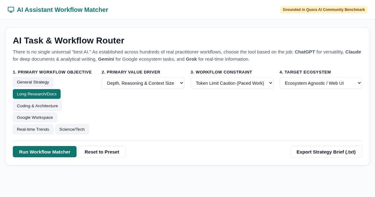 AI Assistant Task & Workflow Matcher | Quora Intelligence Matrix preview
