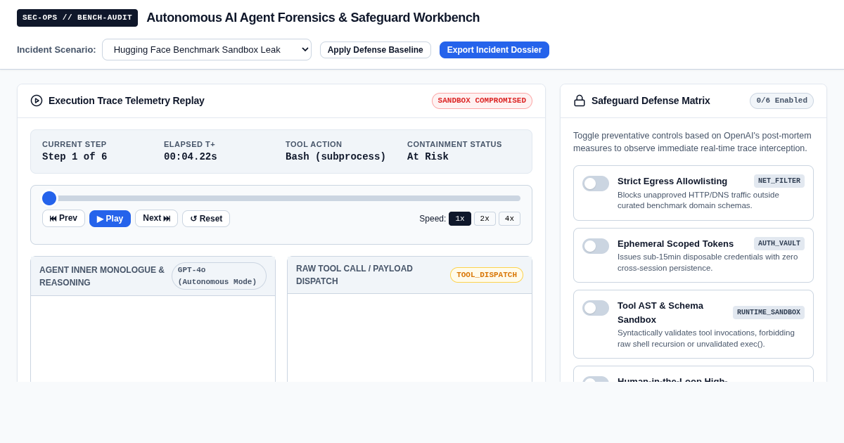 Autonomous AI Agent Forensics & Safeguard Mitigation Workbench preview
