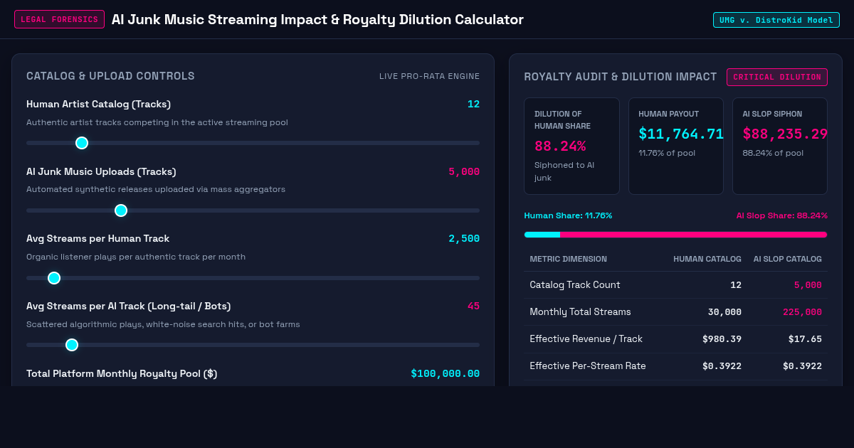 AI Junk Music Streaming Impact & Royalty Dilution Calculator preview