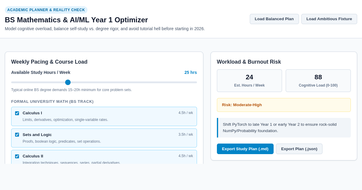 BS Mathematics & AI/ML Year 1 Curriculum & Workload Optimizer preview