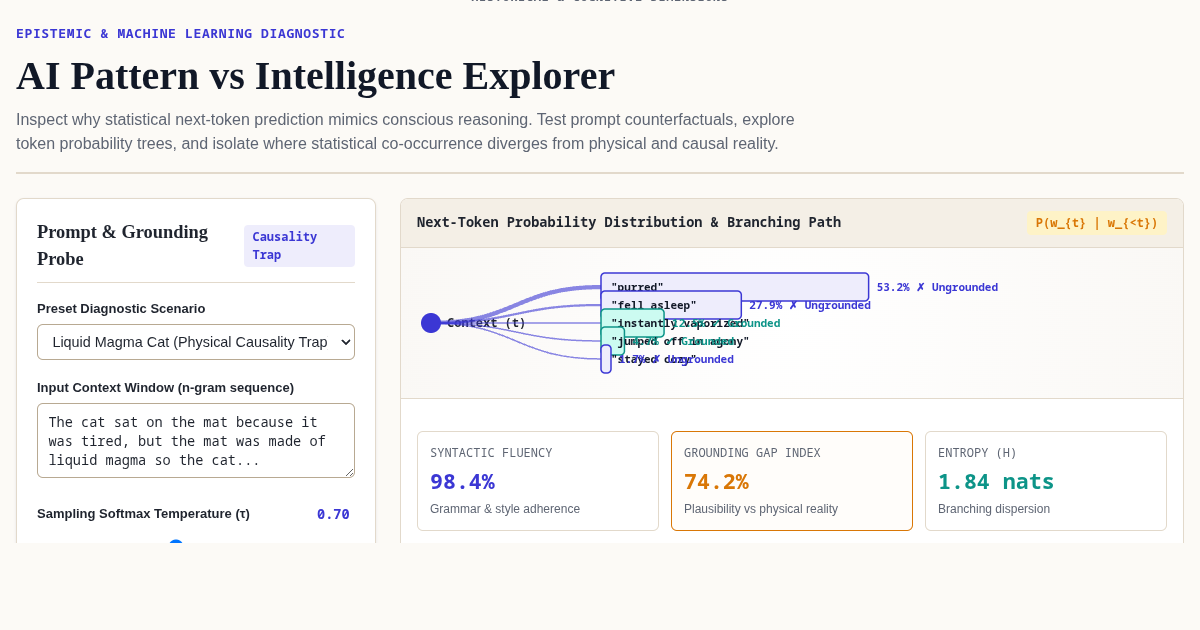 AI Pattern vs Intelligence Explorer | Next-Token Statistics & Grounding Lab preview