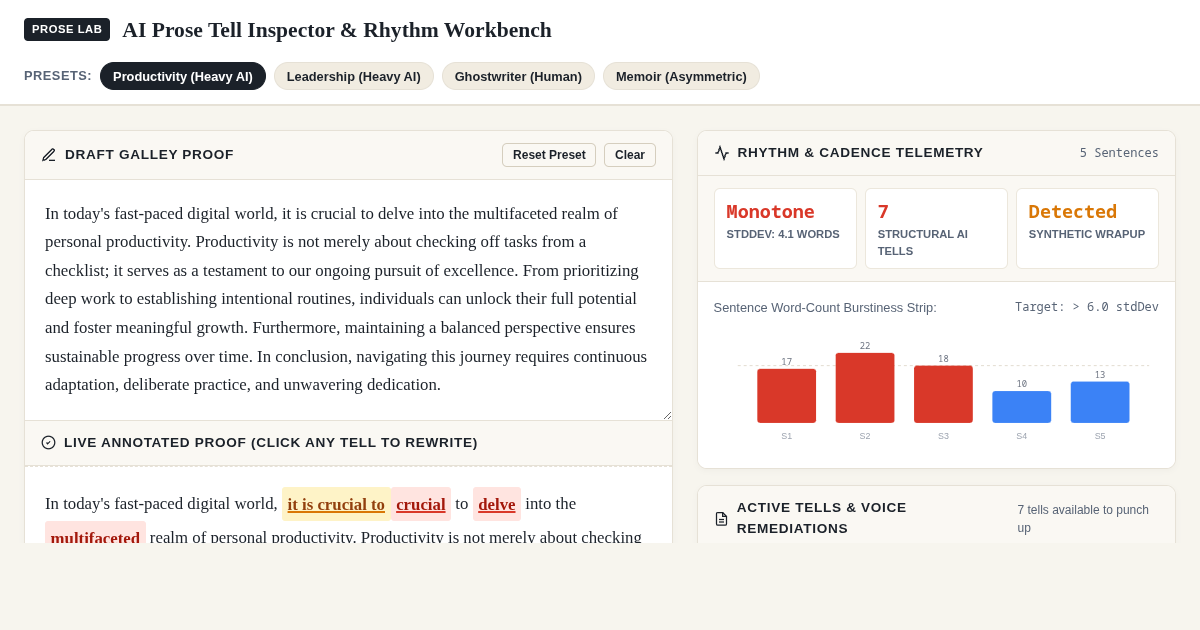 AI Prose Tell Inspector & Rhythm Workbench preview