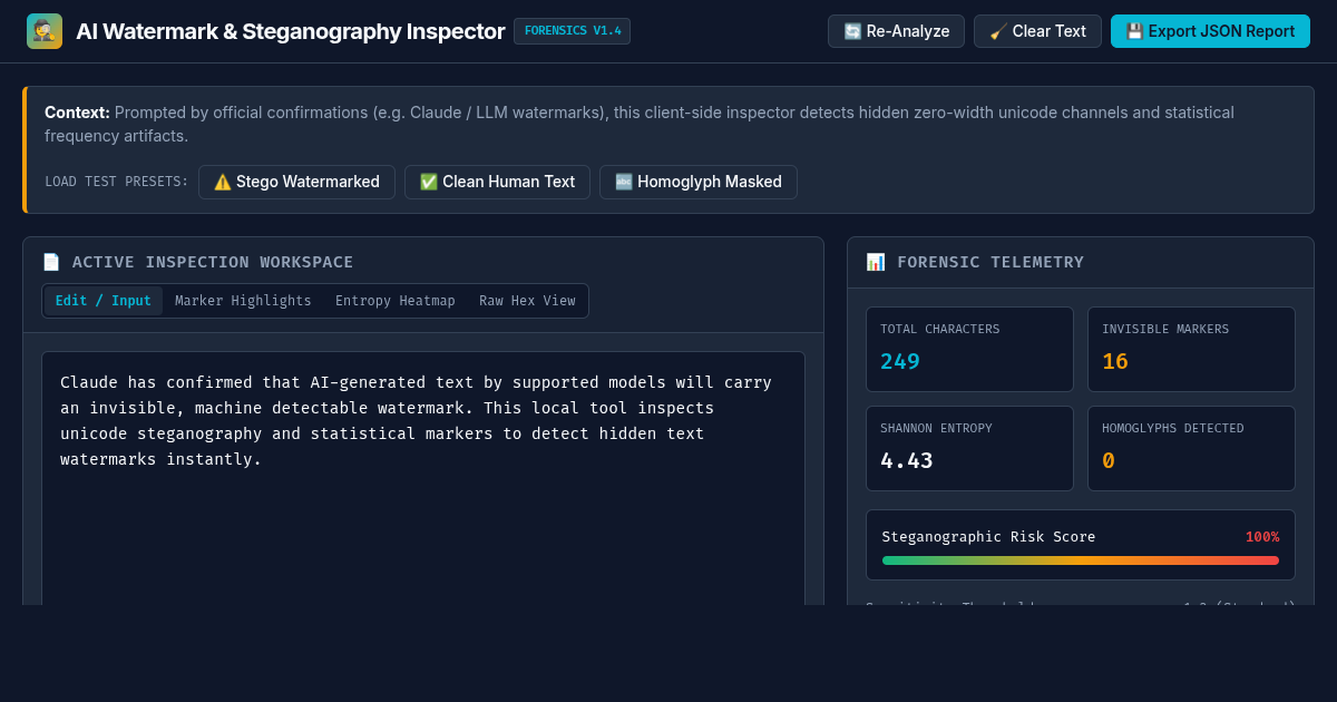 AI Text Watermark & Steganography Inspector | Local Forensic Analysis preview