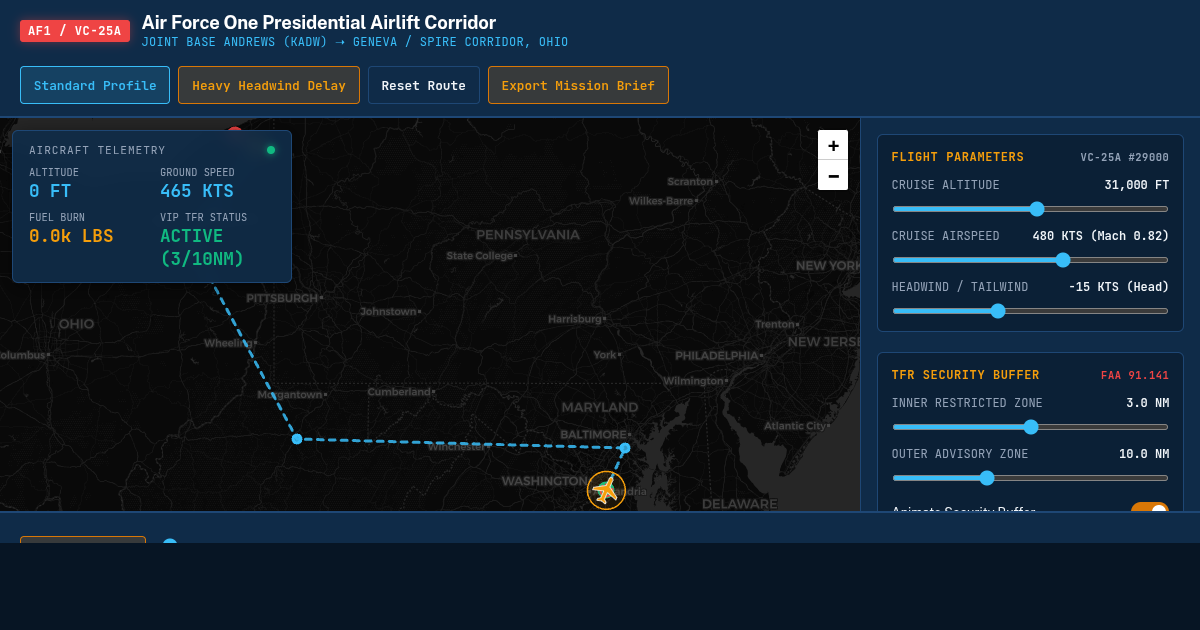 Air Force One Presidential Airlift Visualizer | Geneva, OH Route preview