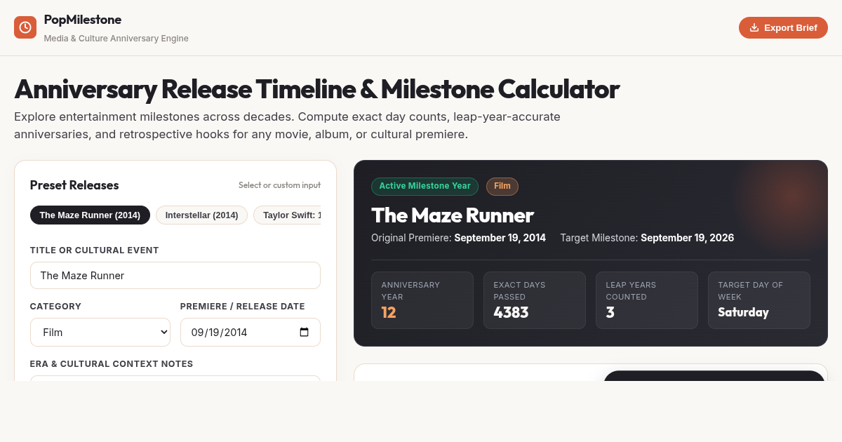 Anniversary Release Timeline & Milestone Calculator preview