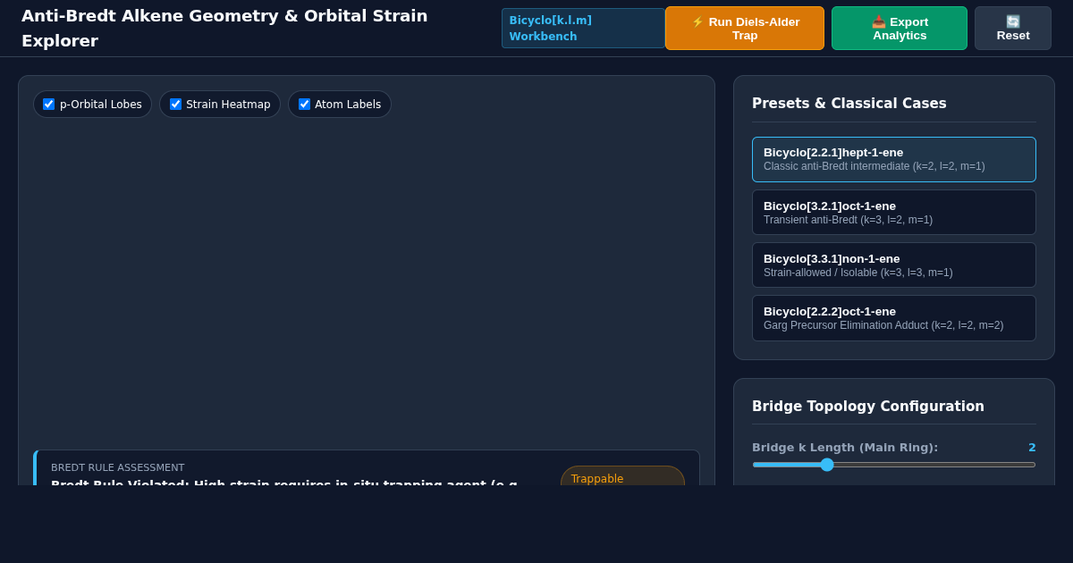 Anti-Bredt Alkene Geometry & Orbital Strain Explorer preview