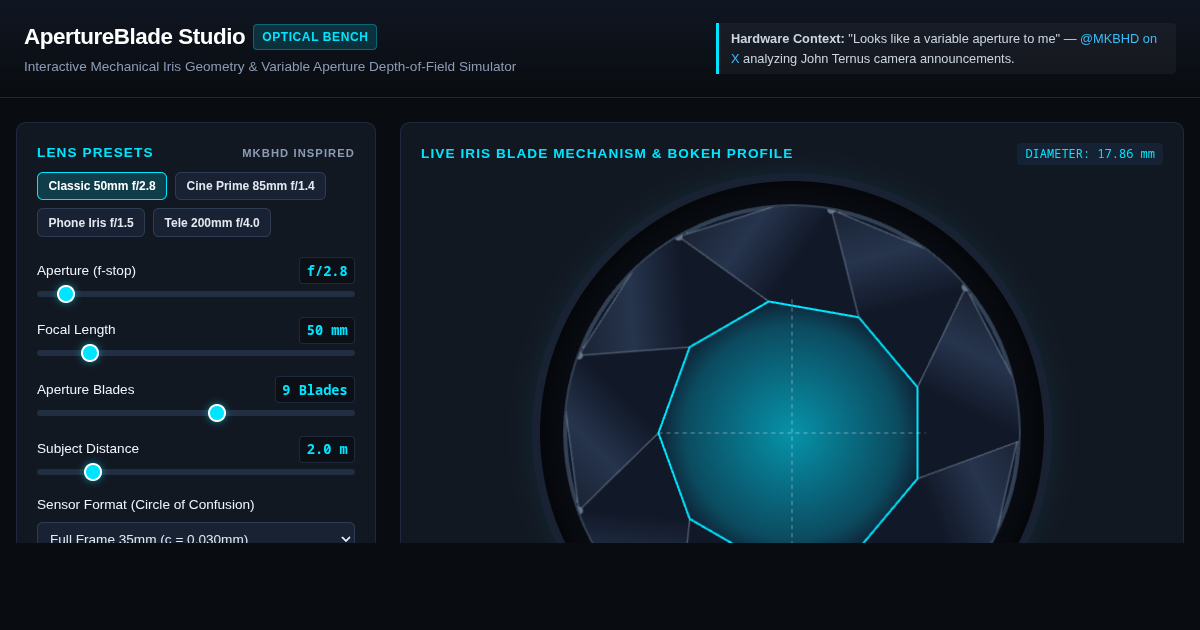 ApertureBlade Studio: Interactive Variable Aperture Simulator & Depth of Field Calculator preview