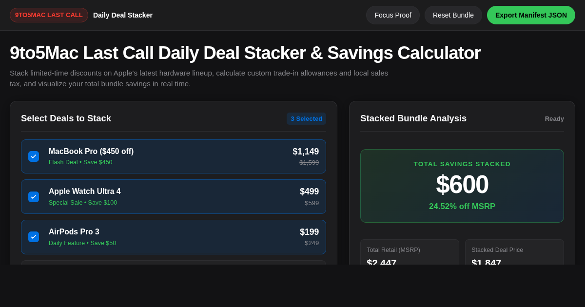 9to5Mac Last Call Daily Deal Stacker & Savings Calculator preview