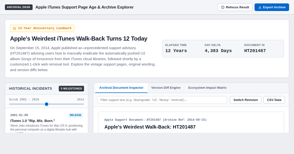 Apple iTunes Support Page Age & Archive Explorer preview