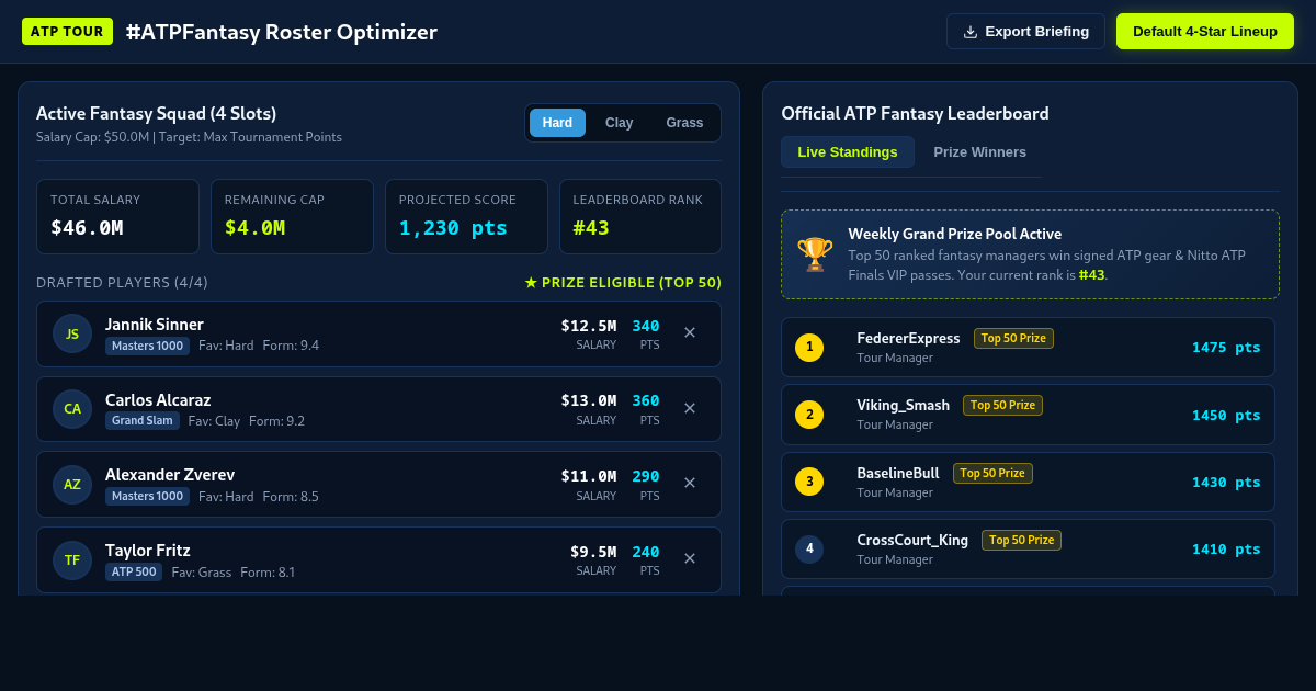 ATP Fantasy Leaderboard & Roster Optimizer 43 preview