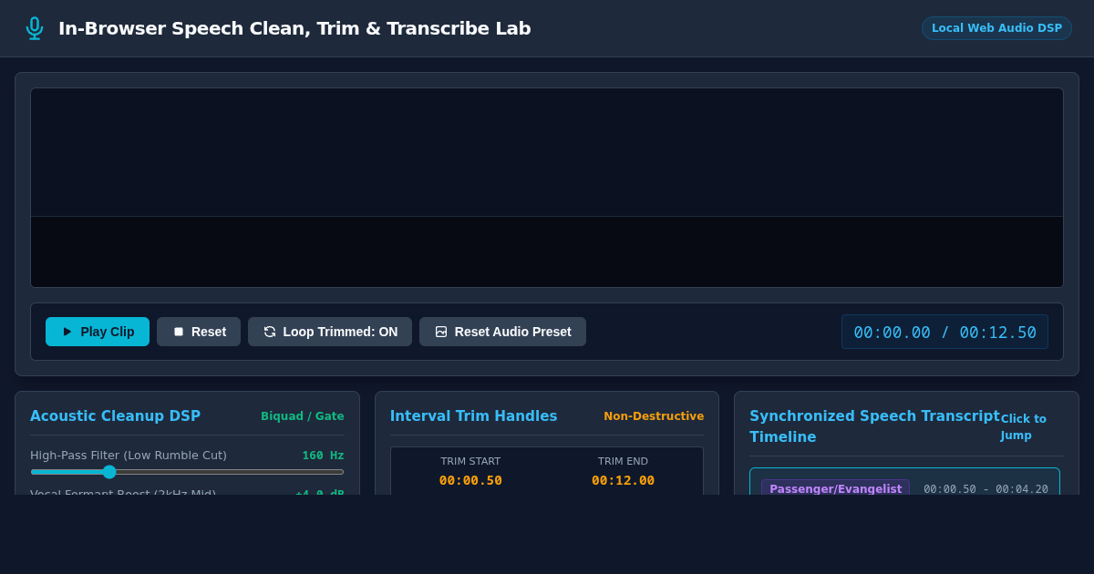 In-Browser Speech Clean, Trim & Transcribe Lab preview