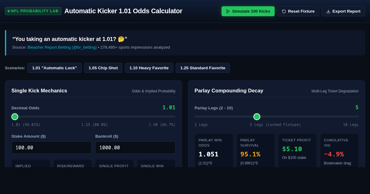 Bleacher Report Kicker Odds & EV Probabilistic Calculator preview
