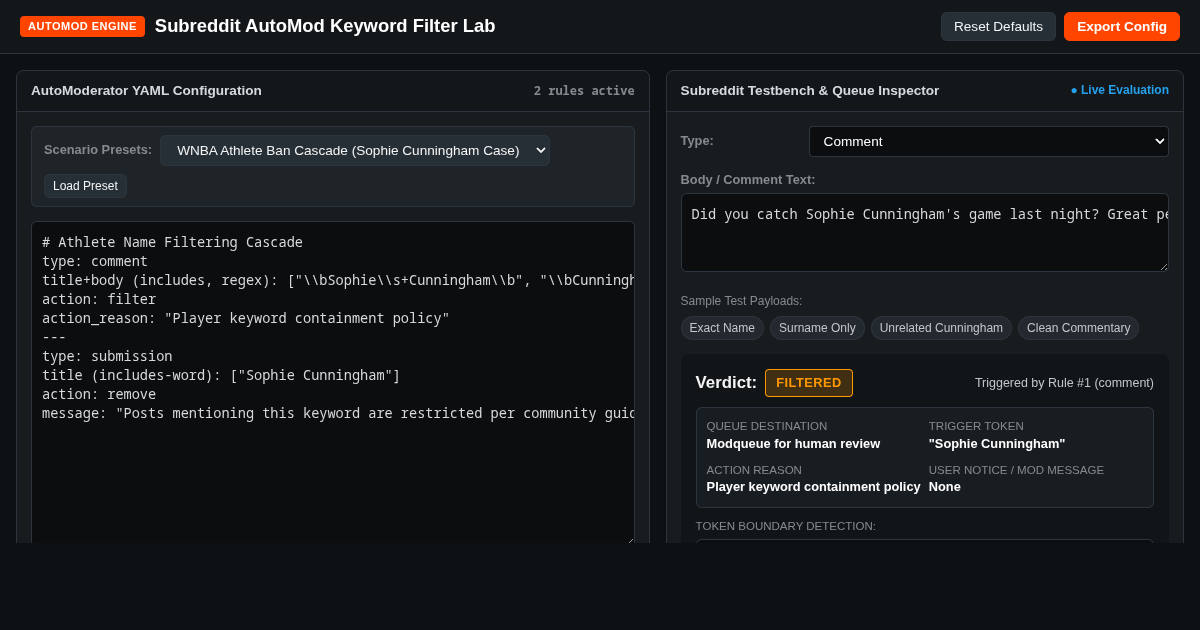 Subreddit AutoMod Keyword Filter Lab preview