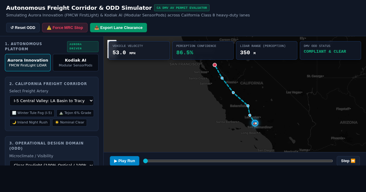 Autonomous Truck California Corridor & ODD Simulator | Aurora & Kodiak DMV Permit Tool preview