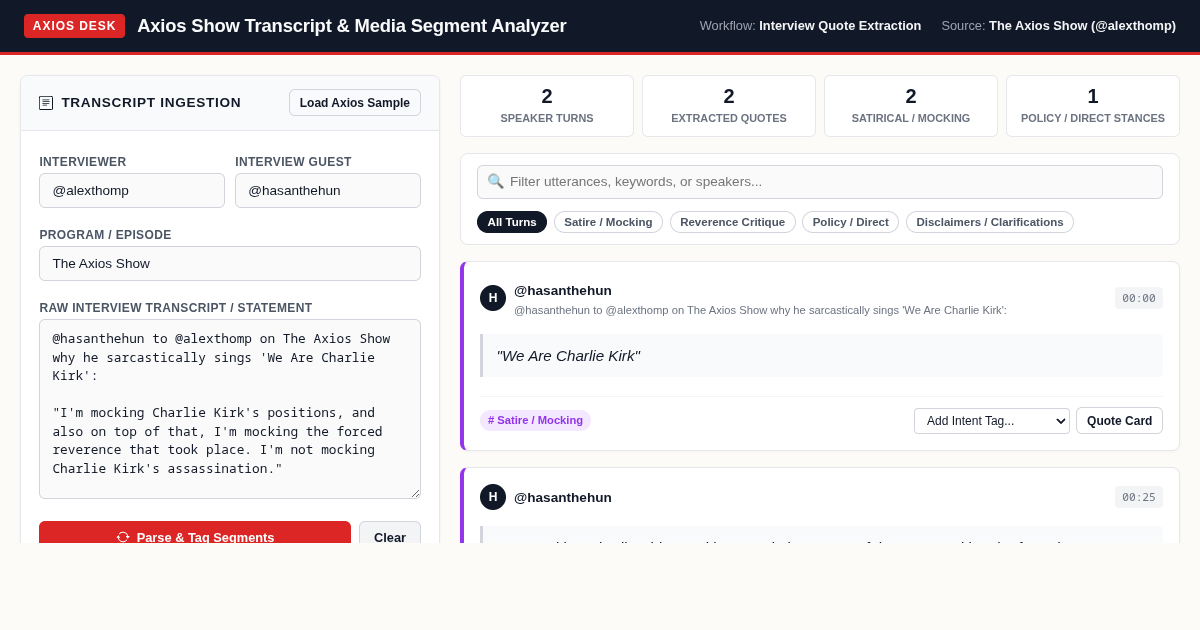 Axios Show Transcript & Media Segment Analyzer preview
