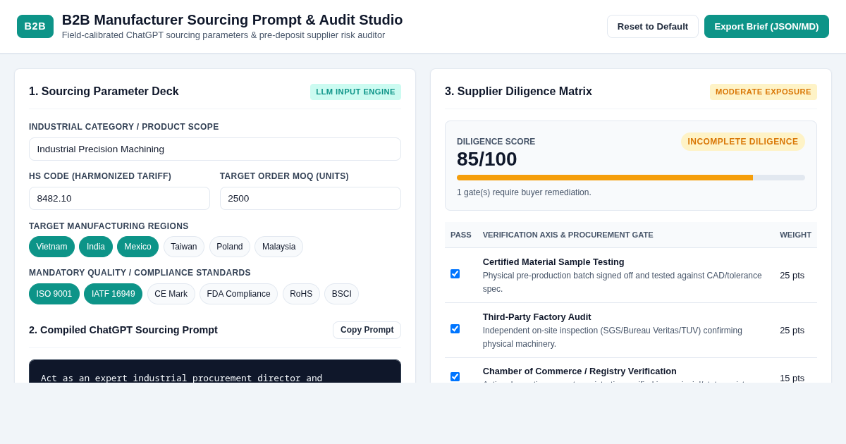 B2B Sourcing Prompt Matrix & Vendor Diligence Studio preview