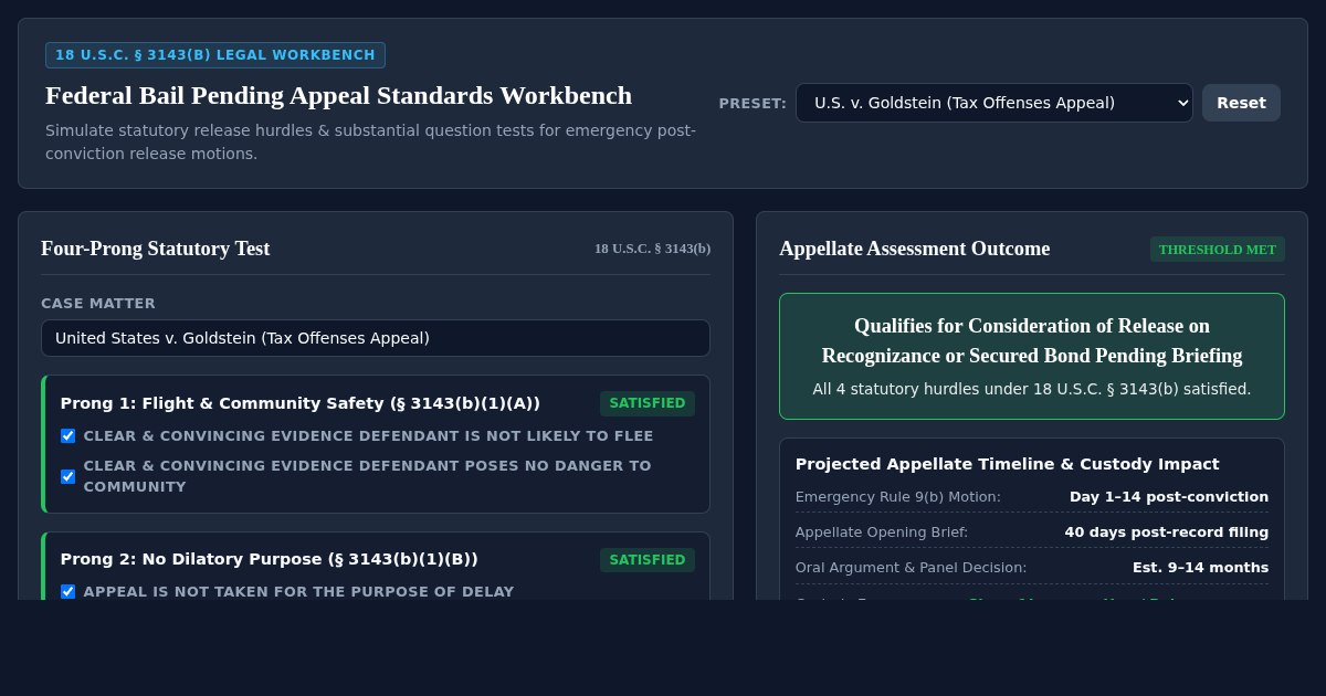 Federal Bail Pending Appeal Standards Workbench | 18 U.S.C. § 3143(b) preview