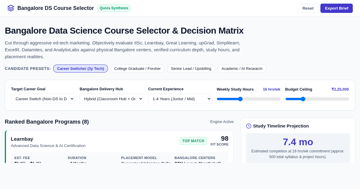 Bangalore Data Science Course Selector & Institute Decision Matrix preview