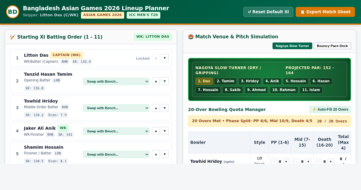 Bangladesh Asian Games 2026 Cricket Tactical Lineup & Quota Planner preview