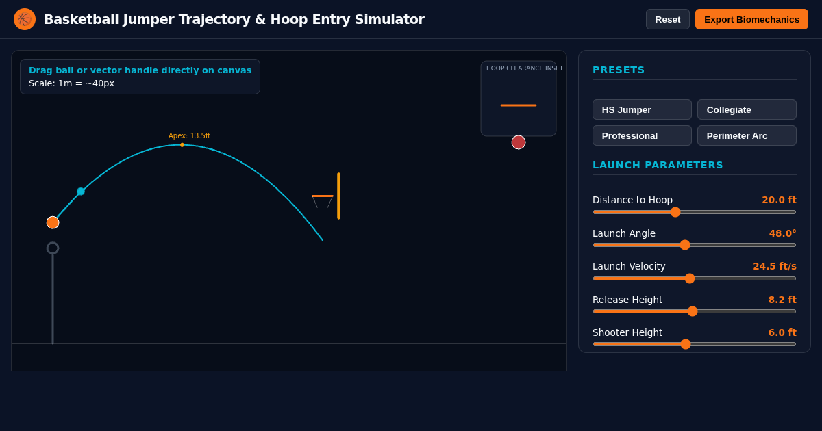 Basketball Jumper Trajectory & Hoop Entry Simulator preview