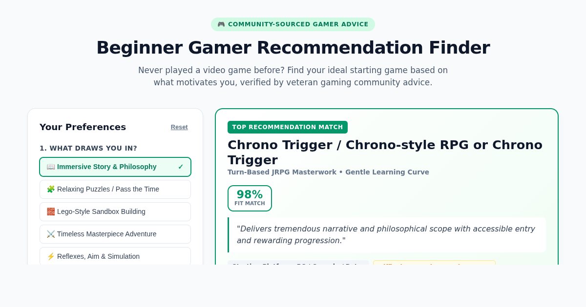 Beginner Gamer Recommendation Finder | Tailored First Game Guide preview