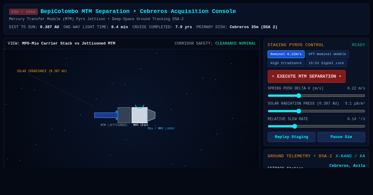 BepiColombo MTM Separation & Trajectory Console | ESA / JAXA Telemetry Simulator preview