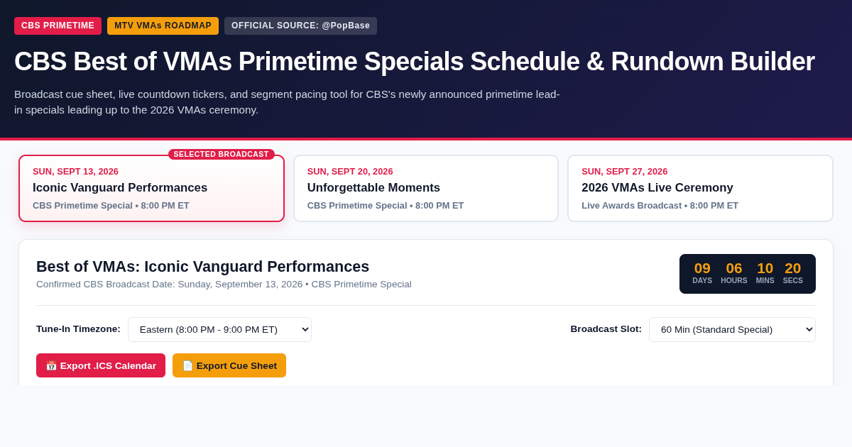 CBS Best of VMAs Primetime Specials Schedule & Rundown Builder preview