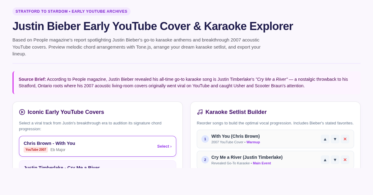 Justin Bieber Early YouTube Cover & Karaoke Song Explorer preview