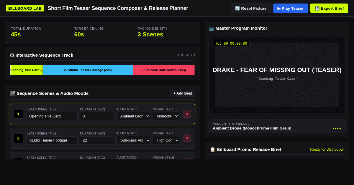 Billboard Short Film Teaser Sequence Composer & Release Planner preview