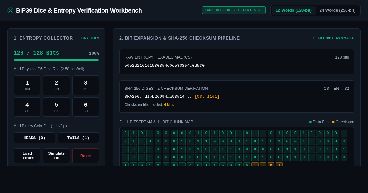 BIP39 Dice Entropy & Hardware Wallet Seed Verification Workbench preview