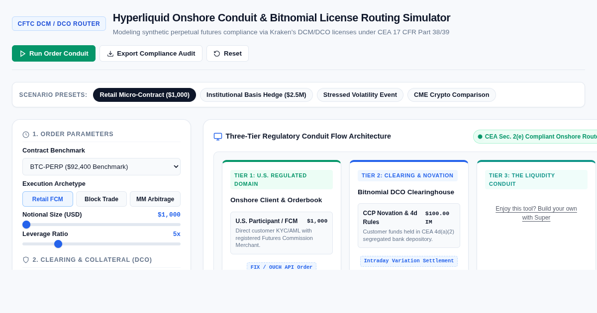 Hyperliquid Onshore Conduit & Bitnomial License Routing Simulator preview