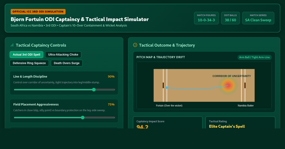 Bjorn Fortuin ODI Captaincy Match Performance & Tactical Impact Simulator preview