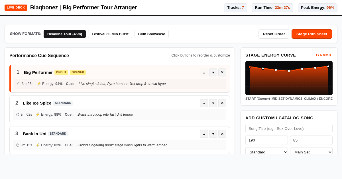 Blaqbonez 'Big Performer' Live Setlist & Stage Cue Builder preview
