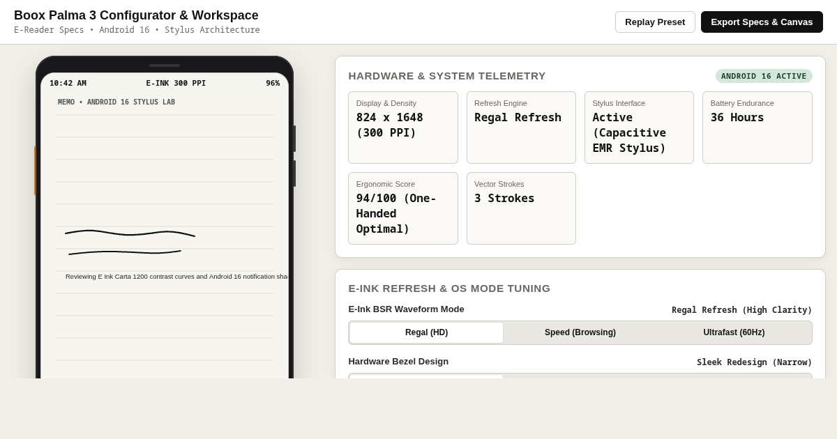 Boox Palma 3 E-Reader Spec Configurator and Ergonomic Workspace Designer preview