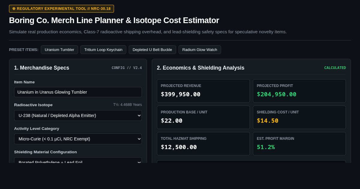 Boring Co. Merch Line Planner & Isotope Cost Estimator preview