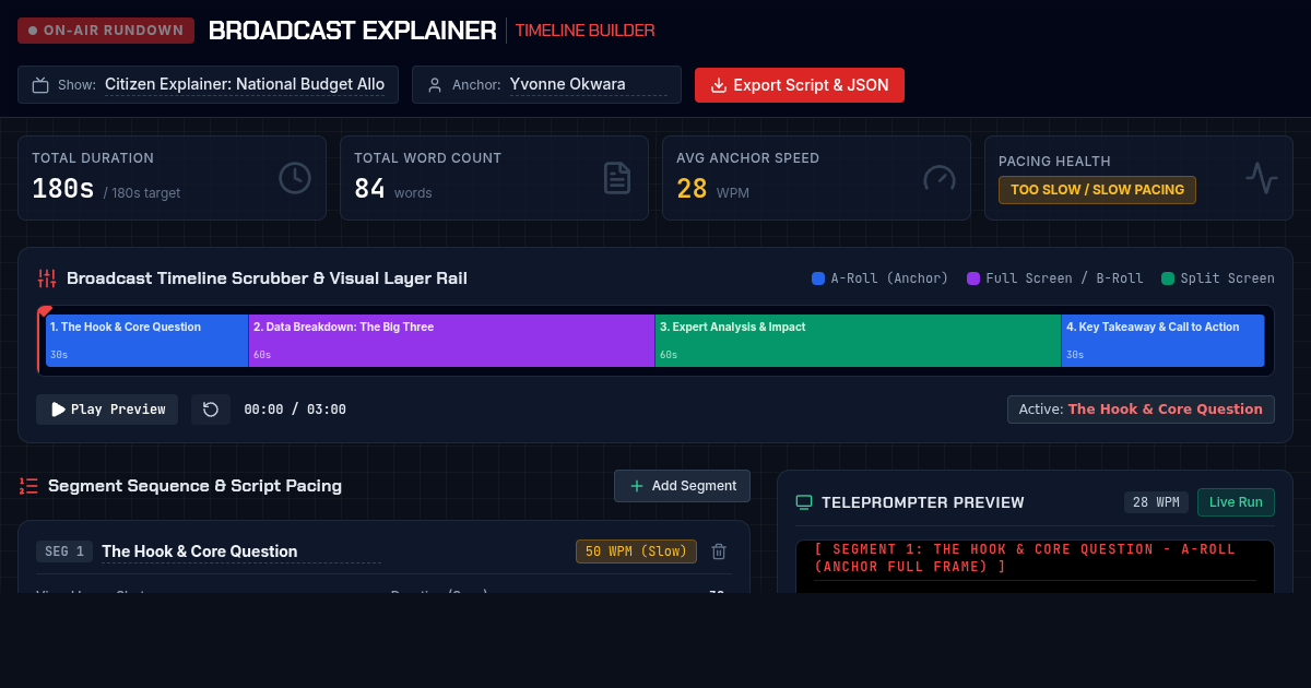 Broadcast Explainer Timeline Builder - TV News Rundown & Pacing Tool preview