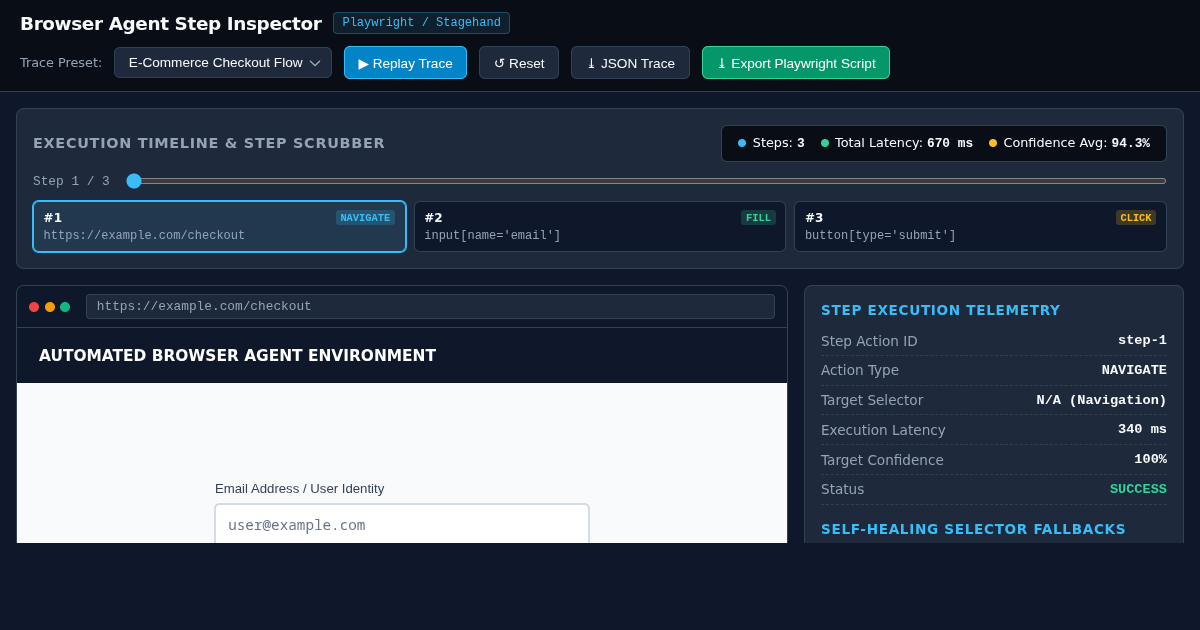 Browser Agent Step Inspector & Replay Studio preview