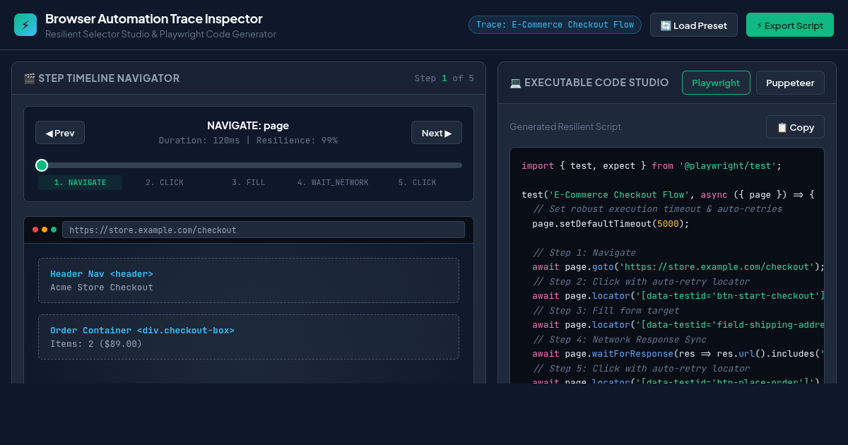 Browser Automation Trace Inspector & Resilient Selector Studio preview